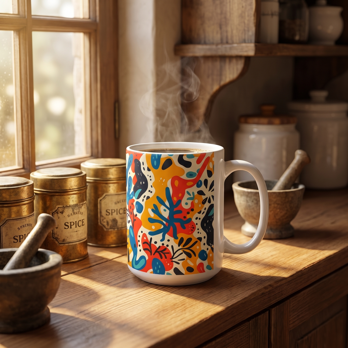 Spice of Life ceramic mug on a kitchen shelf beside brass spice tins and a mortar and pestle