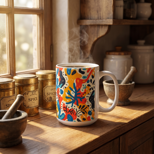 Spice of Life ceramic mug on a kitchen shelf beside brass spice tins and a mortar and pestle