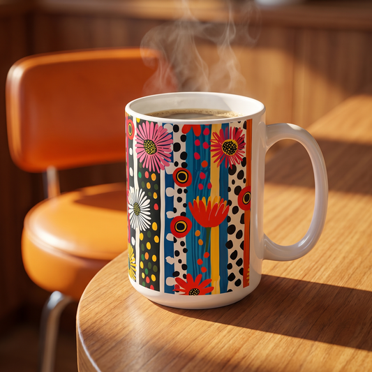 Striped Daisy Play ceramic mug on a sunny 1970s breakfast bar with an orange stool behind