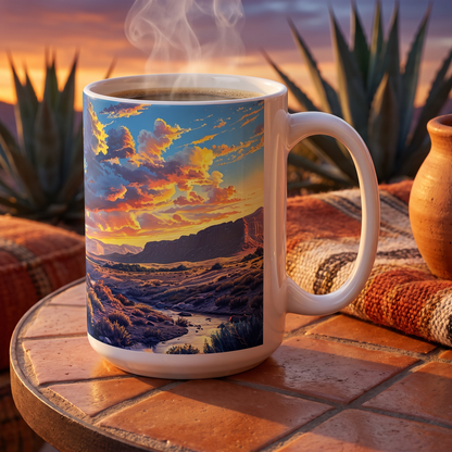 Desert Sunset Serenade ceramic mug on a saltillo-tile patio table with agave at sunset