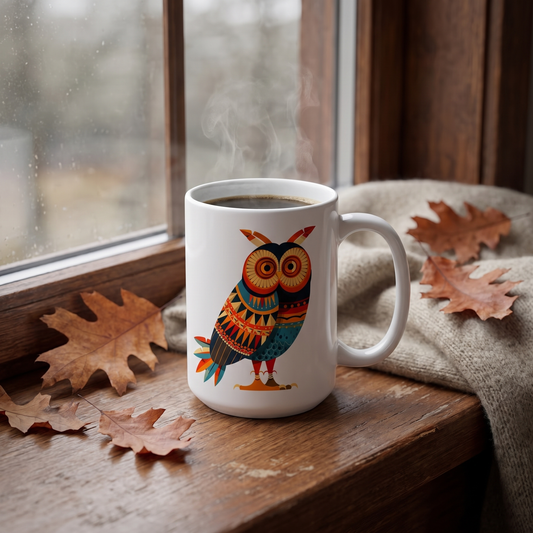 Autumn Owl Wisdom ceramic mug on a library window seat with pressed oak leaves