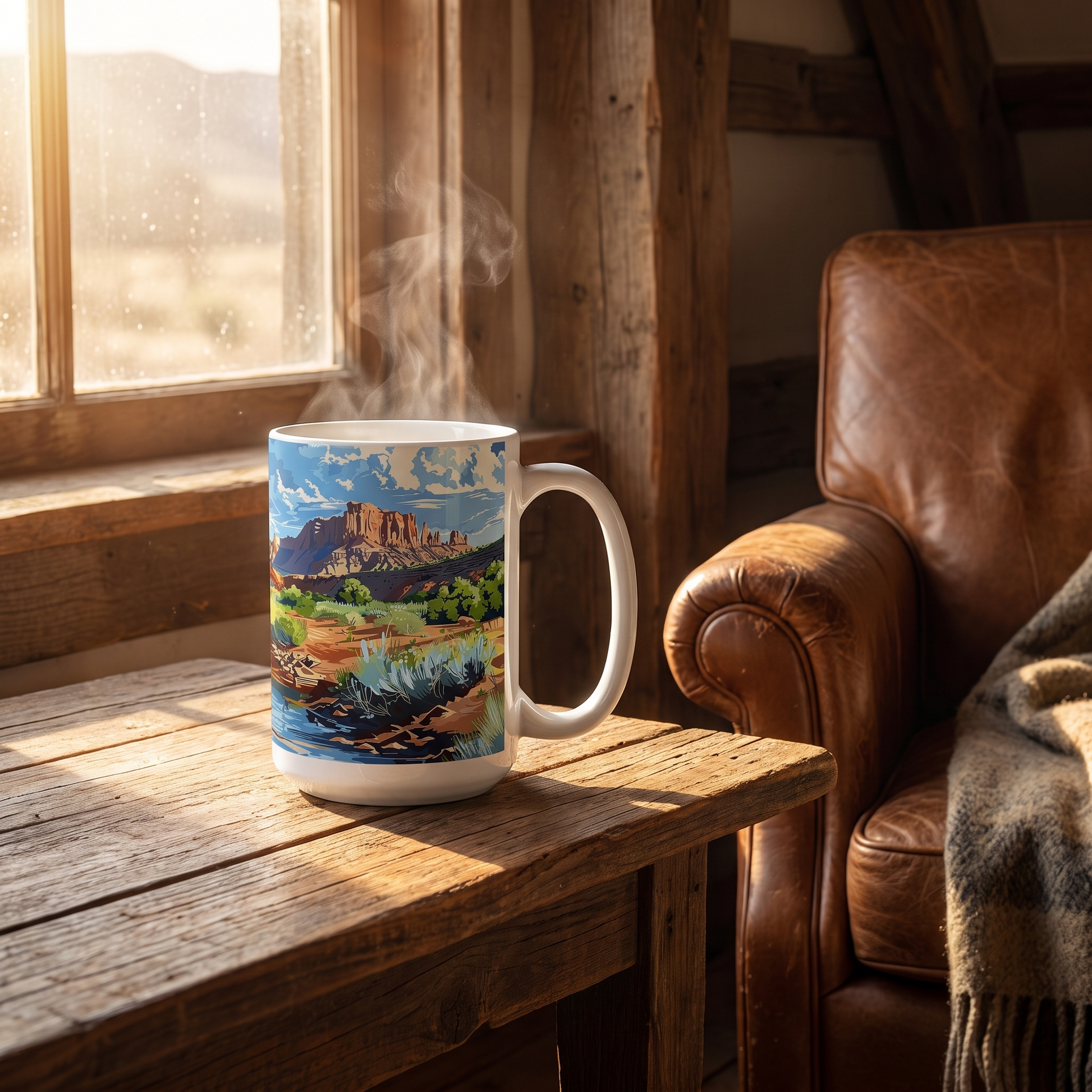 Desert Trails ceramic mug on a ranch kitchen table beside a saddle-leather chair