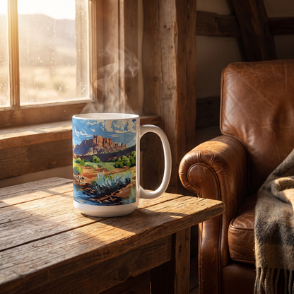 Desert Trails ceramic mug on a ranch kitchen table beside a saddle-leather chair