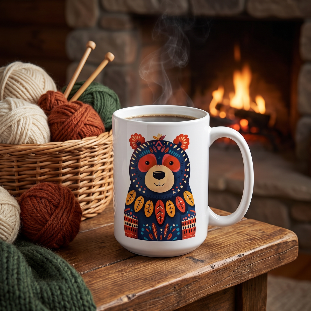 Mamma Bear ceramic mug on a hearth-side table beside a knitting basket in firelight