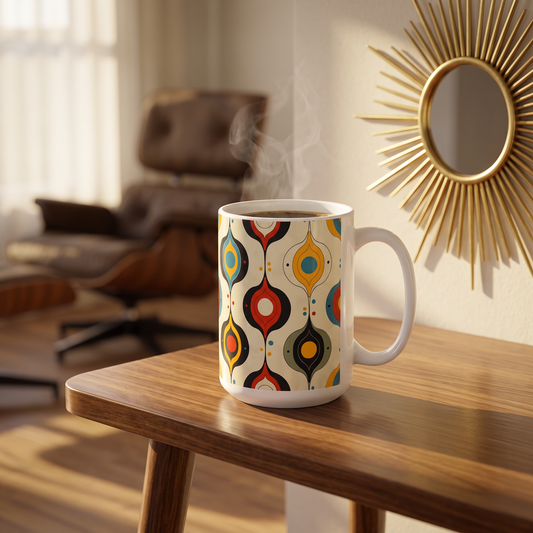 Retro Swinging Baubles ceramic mug on an Eames-era side table beside a sunburst mirror