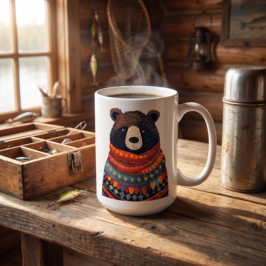 Uncle Bear ceramic mug on a fishing-cabin table beside a wooden tackle box and thermos