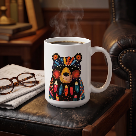 Papa Bear ceramic mug on a leather armchair side table with folded newspaper and reading glasses