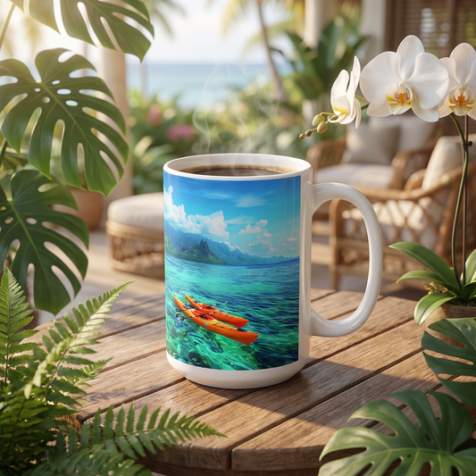 Tropical Serenity ceramic mug on a lanai table among monstera leaves and a white orchid