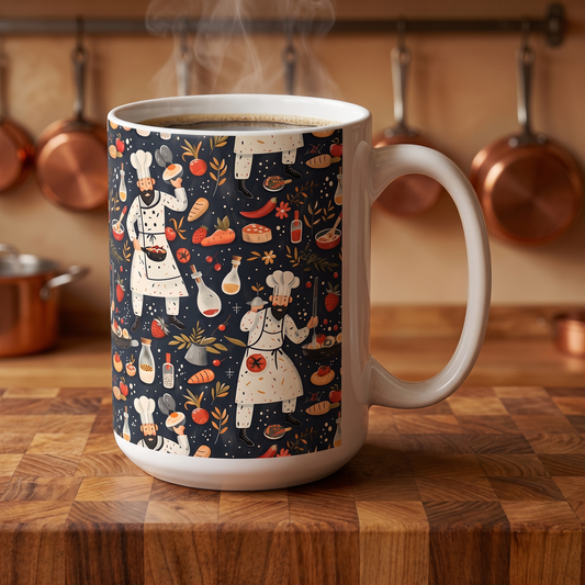 Chef's Delight ceramic mug on a butcher-block counter with copper pots behind