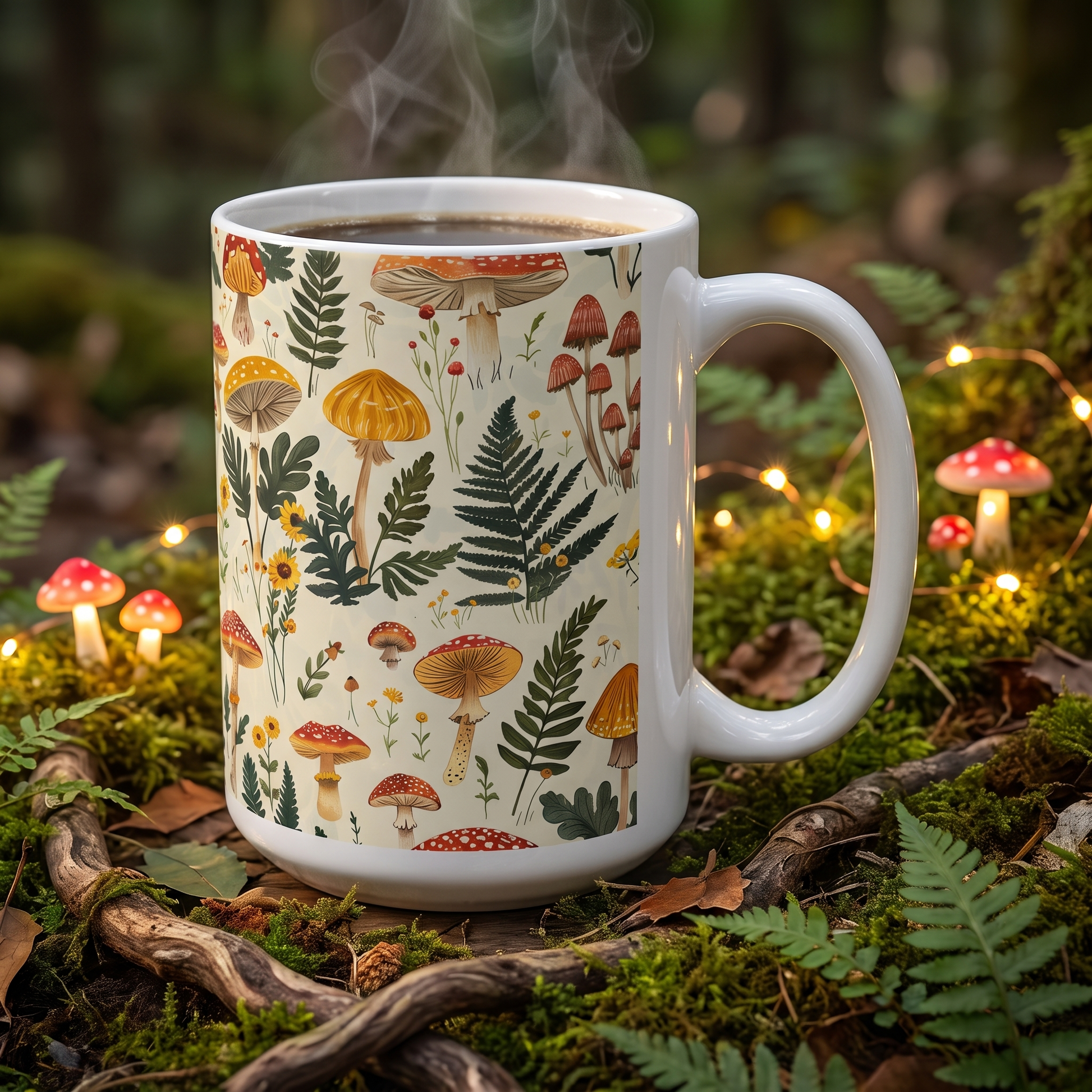 Enchanted Forest Floor ceramic mug on a twisted-root table with fairy lights and toadstools