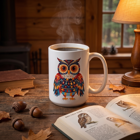 Autumn Gaze Owl ceramic mug on a forest cabin desk with an open bird field guide and acorns