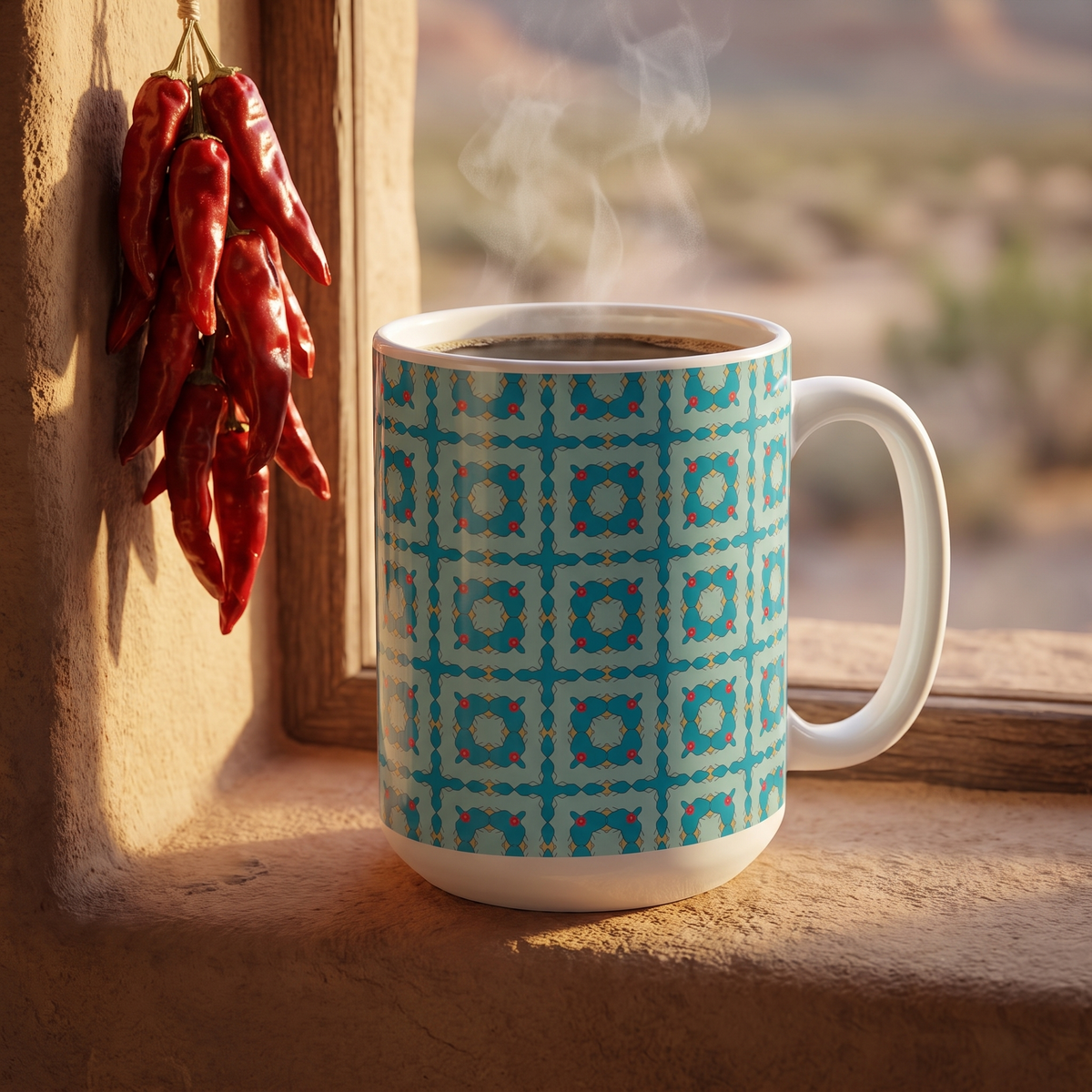 Southwestern Quilt Charm ceramic mug on an adobe windowsill beside a red chile ristra