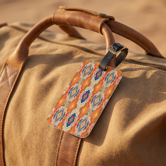 Canyon Mosaic acrylic luggage tag at true size on a rugged tan canvas duffel