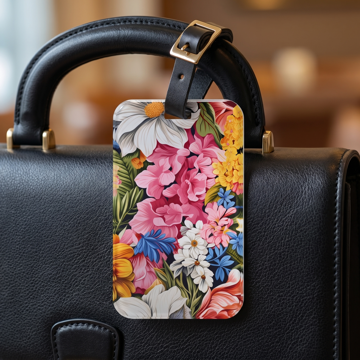 Chic Floral acrylic luggage tag at true size on a black structured briefcase