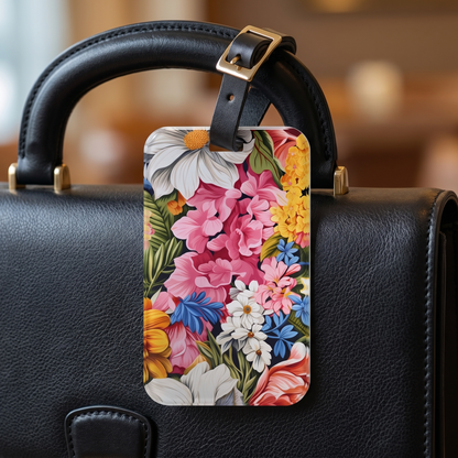 Chic Floral acrylic luggage tag at true size on a black structured briefcase