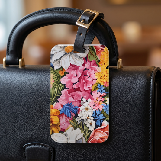 Chic Floral acrylic luggage tag at true size on a black structured briefcase