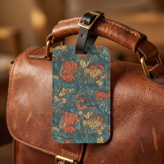 Bohemian Stained Glass Serenity acrylic luggage tag at true size on a chestnut leather satchel