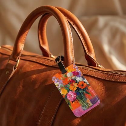 Blossoms on Orange acrylic luggage tag at true size on a cognac leather weekender