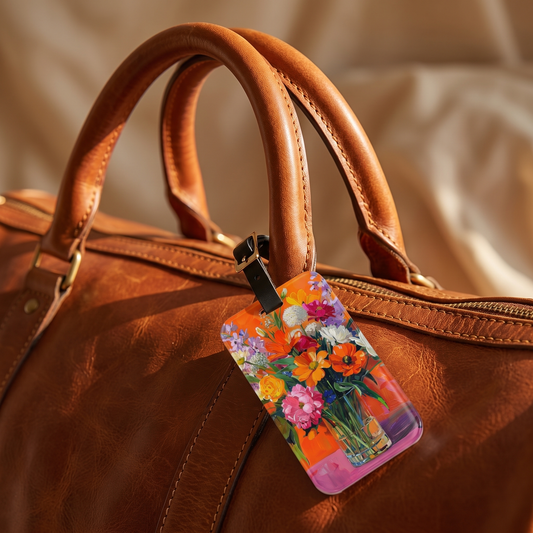 Blossoms on Orange acrylic luggage tag at true size on a cognac leather weekender