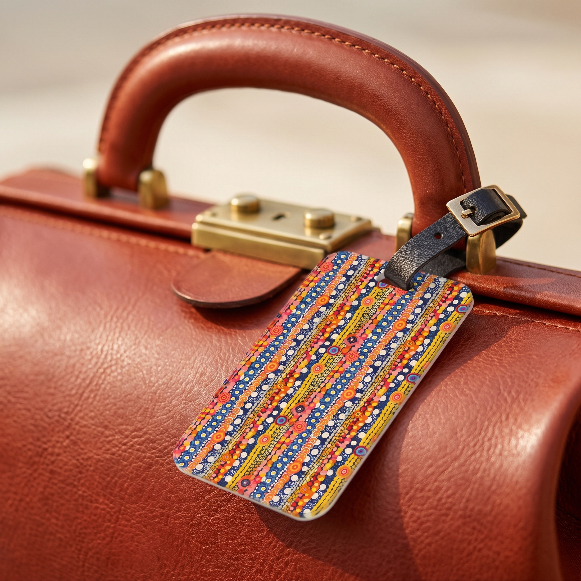 Dotty Delight acrylic luggage tag at true size on a russet leather doctor bag
