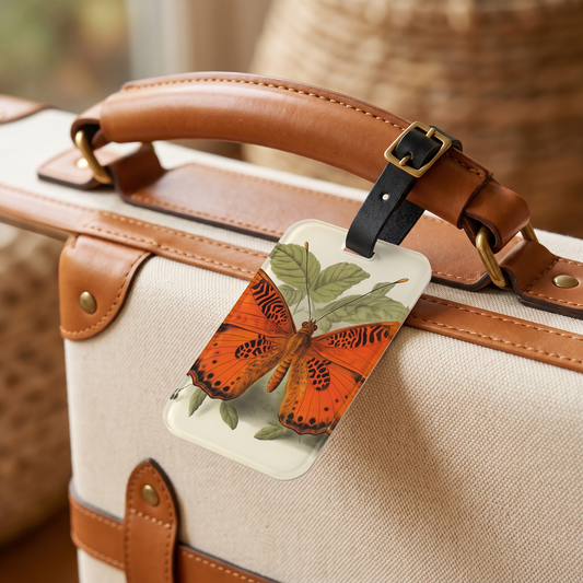 Butterfly Botanical acrylic luggage tag at true size on a cream canvas-and-leather suitcase