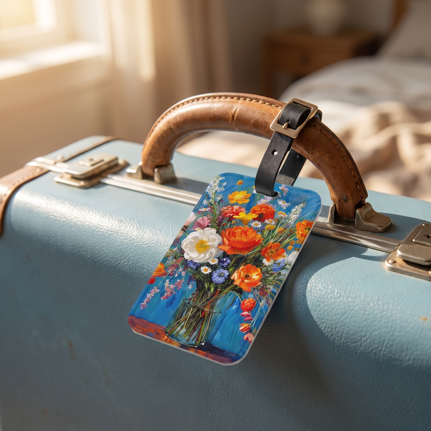 Blossoms on Blue acrylic luggage tag at true size on a powder-blue vintage suitcase
