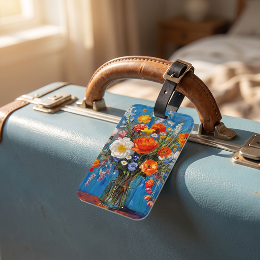 Blossoms on Blue acrylic luggage tag at true size on a powder-blue vintage suitcase