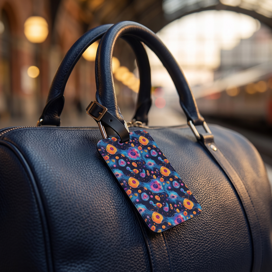 Birth of Celestial Life acrylic luggage tag at true size on a midnight-navy leather duffel