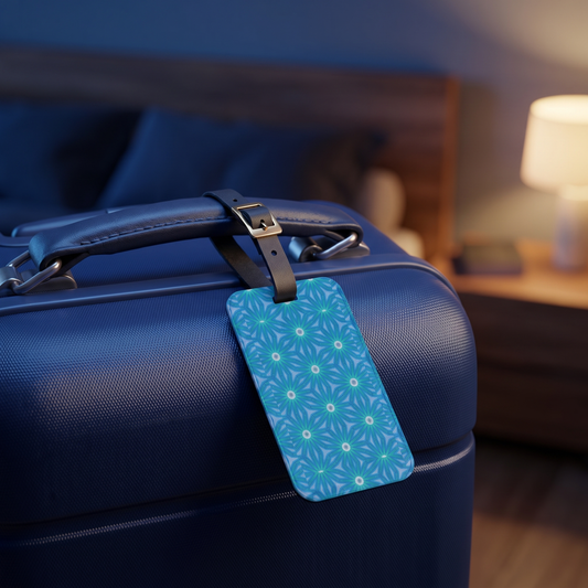 Sapphire Nebula acrylic luggage tag at true size on a deep navy hard-shell suitcase
