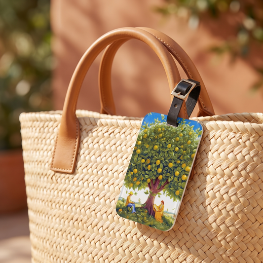 Lovely Lemon Tree acrylic luggage tag at true size on a woven straw summer tote