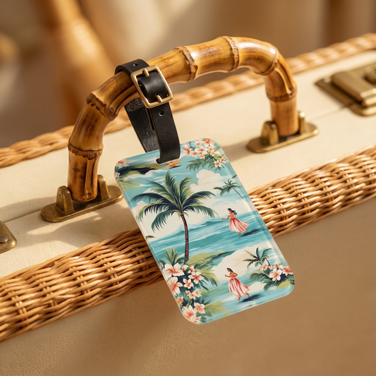 Retro Hawaiian Hula acrylic luggage tag at true size on a vintage wicker-trim suitcase with bamboo handle