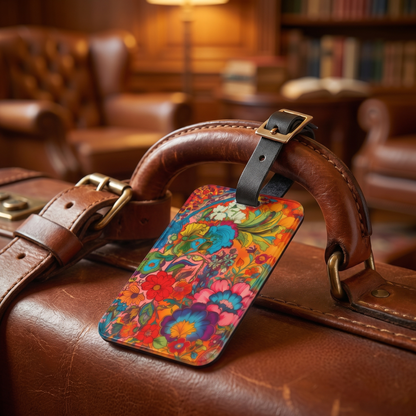 Kaleidoscopic Floral Dance acrylic luggage tag at true size on a chestnut leather suitcase