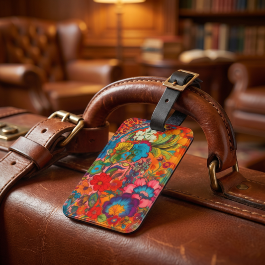 Kaleidoscopic Floral Dance acrylic luggage tag at true size on a chestnut leather suitcase