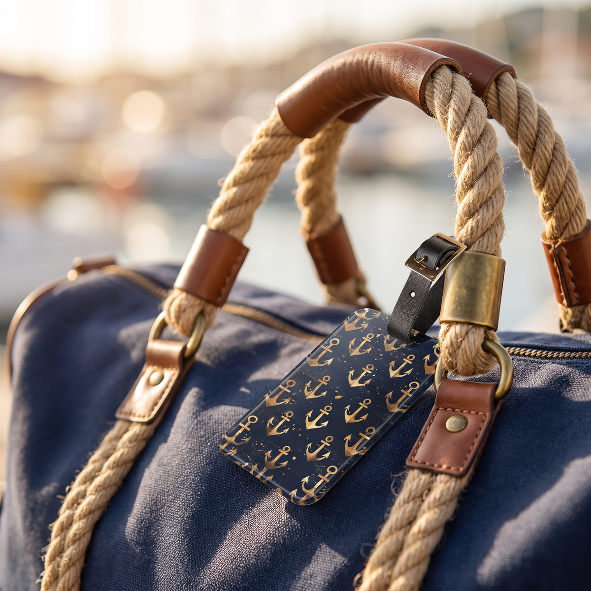 Golden Anchor acrylic luggage tag at true size on a navy canvas sailing duffel with rope handles