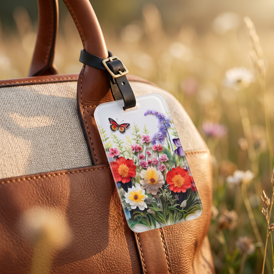Serene Sunlit Meadow acrylic luggage tag at true size on a linen-canvas bag in a summer meadow