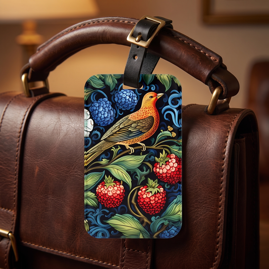 Orange Bird Tapestry acrylic luggage tag at true size on a walnut-brown leather briefcase