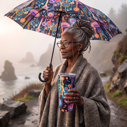 Surreal Seascape Forest insulated tumbler held true to size with matching umbrella on a foggy coastal cliff