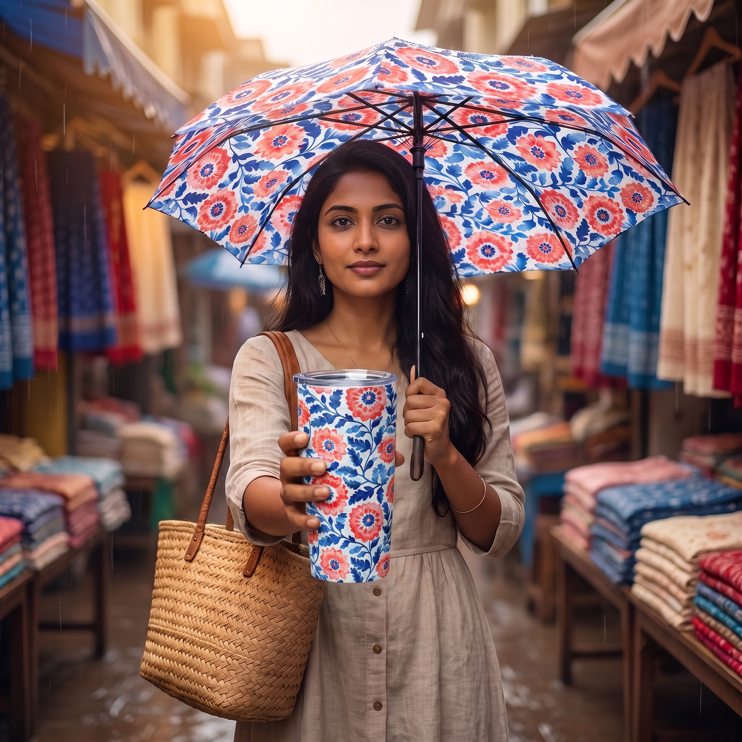 Whimsical Batik Blossoms insulated tumbler held true to size with matching umbrella at a textile market