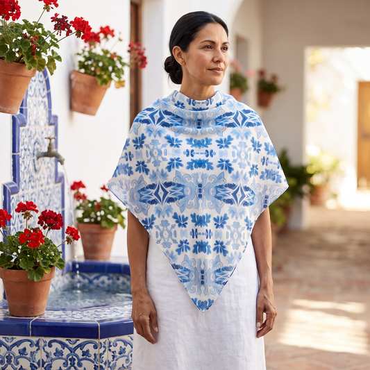 A woman in a sunlit Andalusian courtyard beside a blue-tiled fountain, wearing the Blue Spanish Tile 50-inch square voile scarf folded as a kerchief over a white linen dress