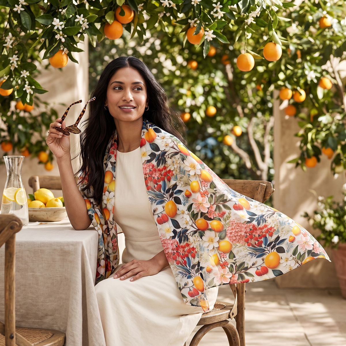 A woman at a Mediterranean terrace table beneath a citrus arbor, wearing the Citrus in Bloom 50-inch square voile scarf as an airy wrap