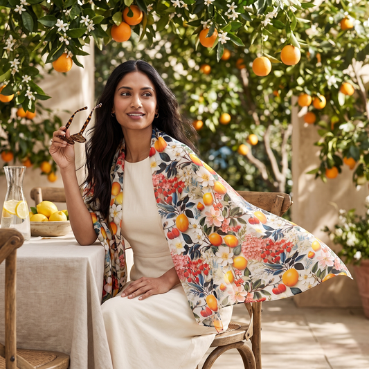 A woman at a Mediterranean terrace table beneath a citrus arbor, wearing the Citrus in Bloom 50-inch square voile scarf as an airy wrap
