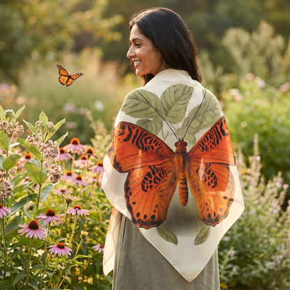 A woman in a summer cottage garden with a monarch butterfly nearby, the Butterfly Botanical 50-inch square voile scarf spread across her back displaying the full butterfly print