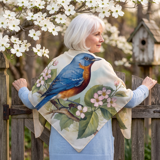 A woman at a spring garden gate under dogwood blossom, the Bluebird Botanical 50-inch square voile scarf spread across her back showing the full bluebird print