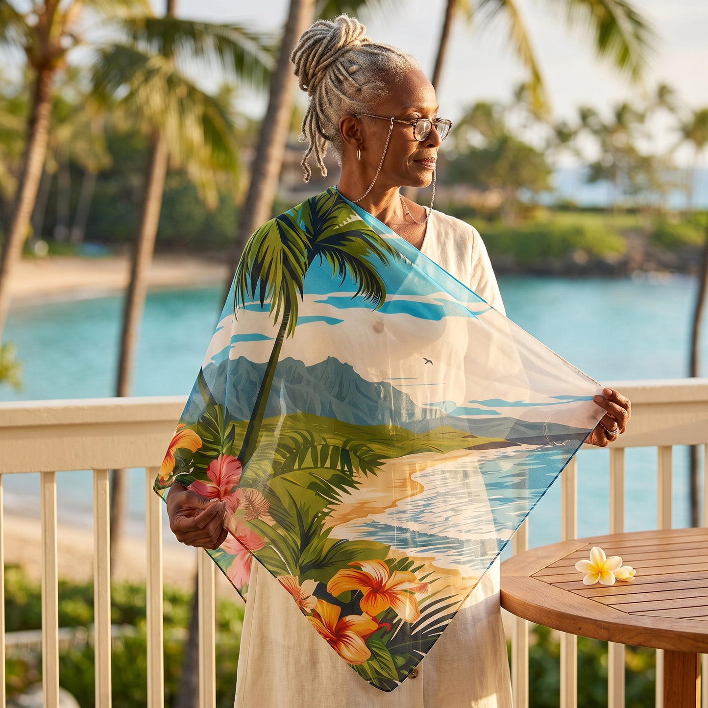 A woman on an oceanfront lanai at golden hour holding the Hawaiian Dreamscape 50-inch square voile scarf open to show its full tropical island scene