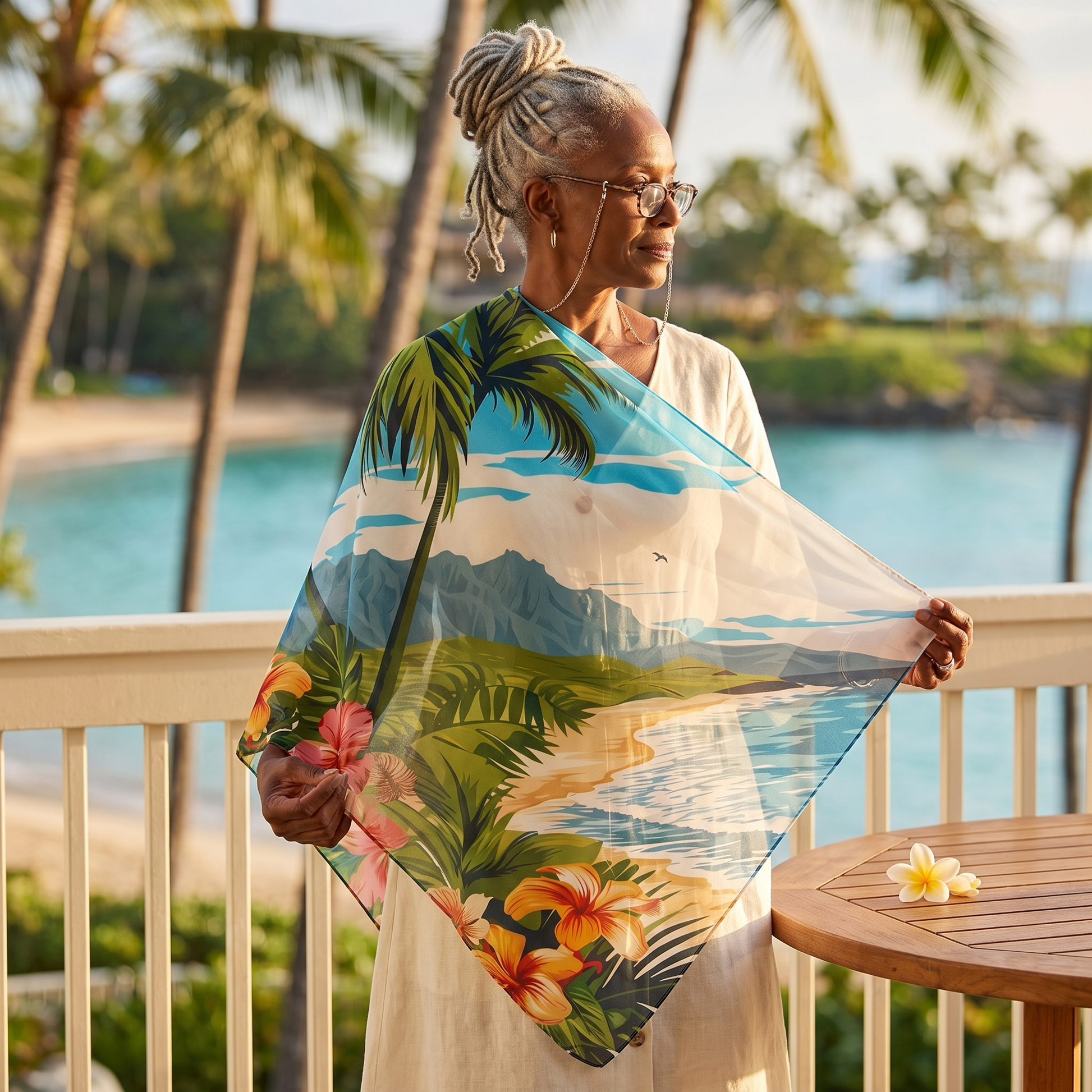 A woman on an oceanfront lanai at golden hour holding the Hawaiian Dreamscape 50-inch square voile scarf open to show its full tropical island scene