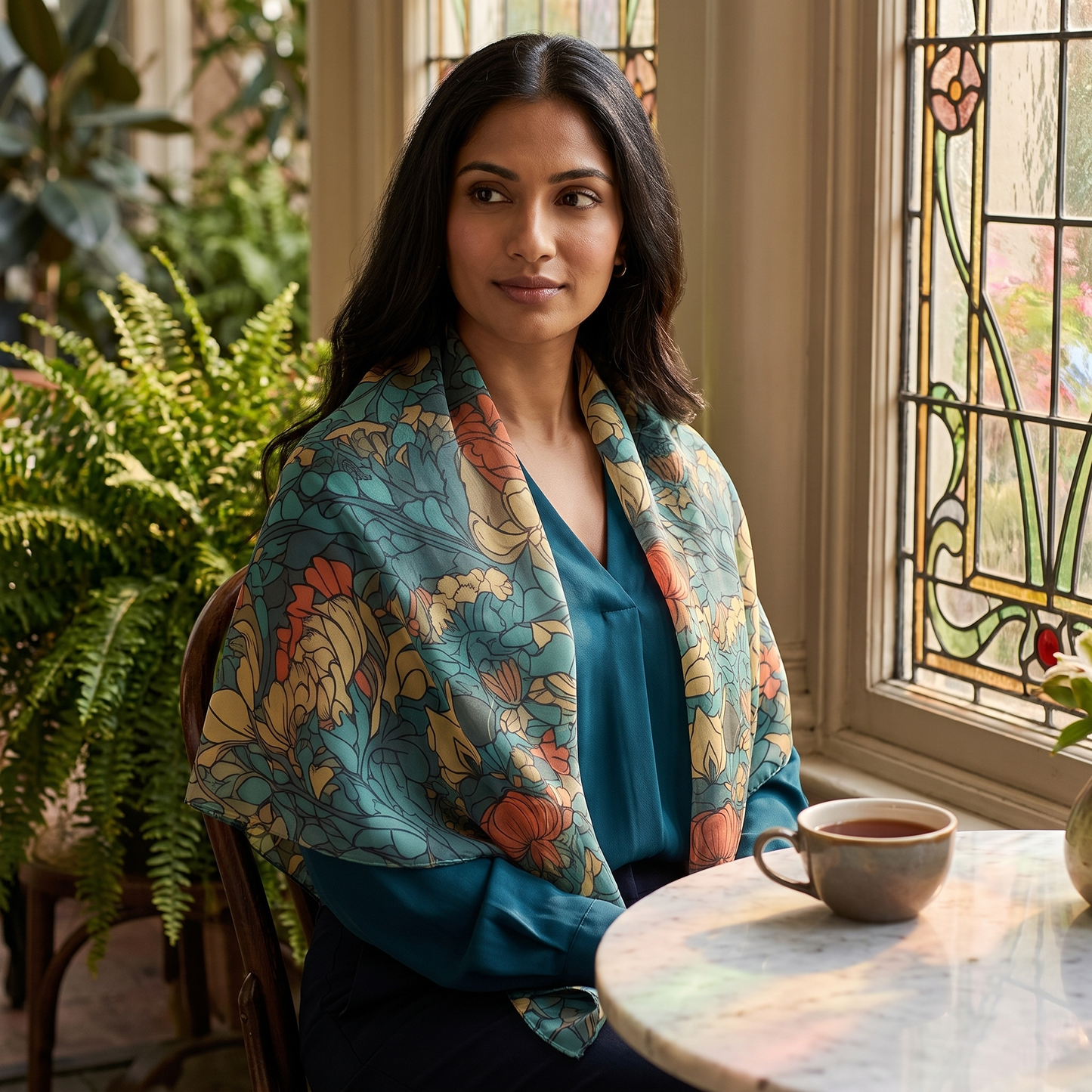 A woman beside an Art Nouveau stained-glass window in a conservatory cafe, wearing the Bohemian Stained Glass Serenity 50-inch square voile scarf as a soft wrap