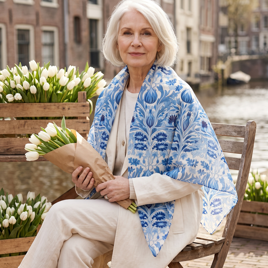A woman seated at a canal-side tulip stall holding an armful of white tulips, wearing the Dutch Blue Tulip 50-inch square voile scarf draped open over a cream linen coat