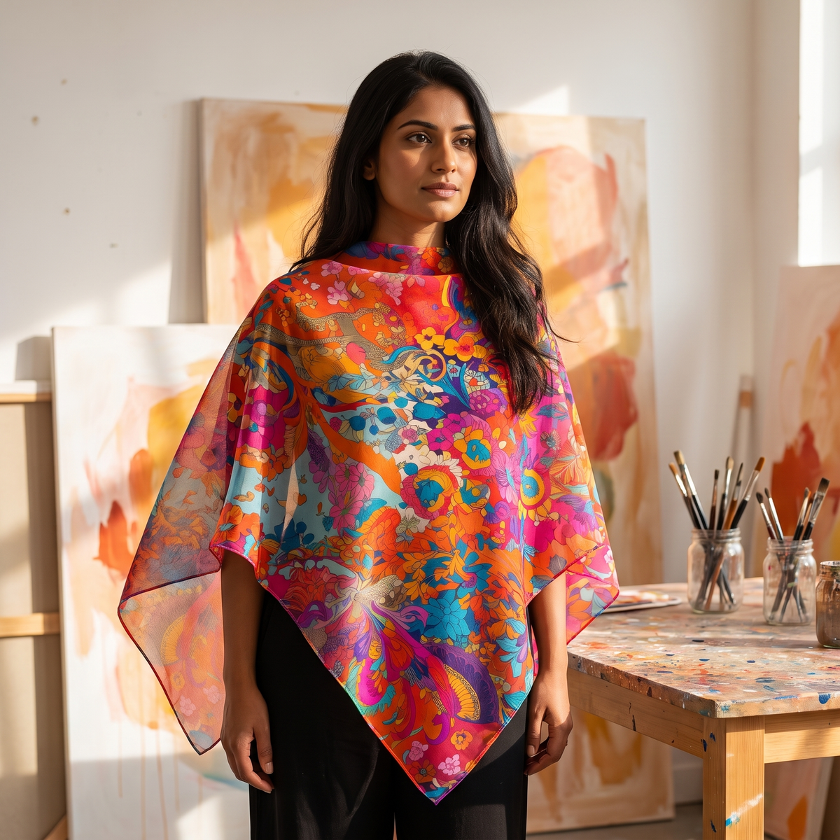 A woman in a sunlit artist's studio wearing the Kaleidoscopic Floral Dance 50-inch square voile scarf draped over a black top