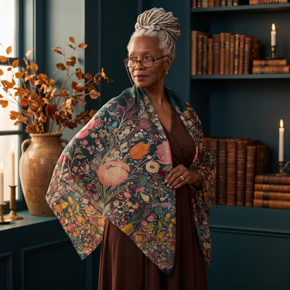 A woman in a candlelit study with autumn branches, wearing the Renaissance Fall Floral 50-inch square voile scarf open across her shoulders