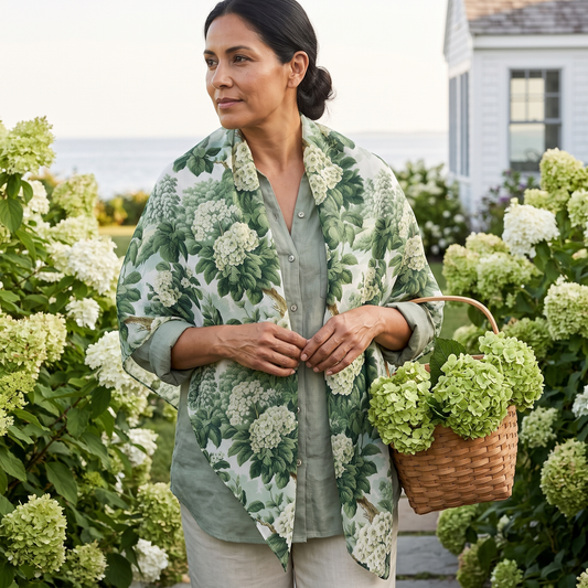 A woman walking a hydrangea-lined coastal path with a basket of blooms, wearing the Vintage Green Hydrangea 50-inch square voile scarf open over her shoulders